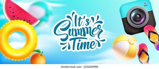 Summer time vector design. It's summer time text with beach elements like camera and lifebuoy in sky background. Vector illustration summer time background.
