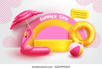 Summer time vector design. Summer time text in product display podium for mock up display. Vector illustration summer time presentation.
