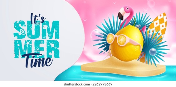 Summer time vector design. It's summer time text in empty space with lemon and flamingo element in island background. Vector illustration summer template.
