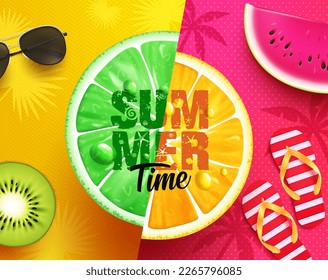 Summer time vector design. Summer time text with lemon and lime tropical fruits in background. Vector illustration summer time design.
