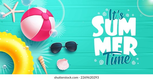 Summer time vector design. Summer time text in wood empty space with beachball, floater and seashells beach elements. Vector illustration tropical haoliday background.  
