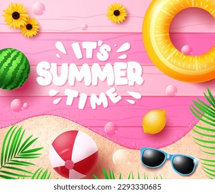 Summer time vector design. It's summer time text in pink wooden space with colorful beach elements. Vector illustration seasonal background. 