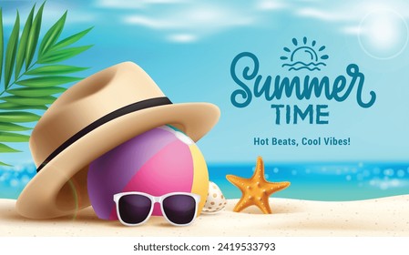 Summer time vector design. Summer time text with hat, beachball and sunglasses in seashore and seaside decoration elements for tropical season vacation background. Vector illustration summer time 