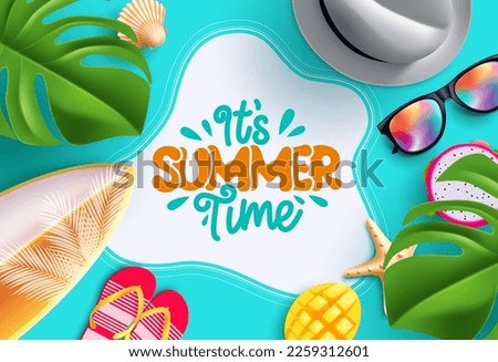 Summer time vector design. It's summer time text in empty space with beach element in abstract background. Vector illustration greeting card season background. 