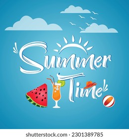 Diseño vectorial de verano con título blanco. Banner de venta de verano con sandía, bebida fría, bola de playa.