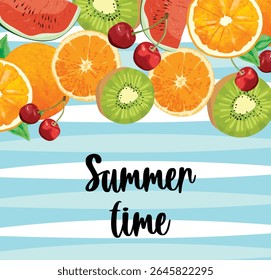 Summer Time Vector with Fruits on Striped Background.