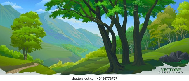 The summer time vector green land with meadows, trees, hill, mountains and a serpentine dirt road.