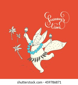 Summer time. vector hand drawn illustration with cute character. Fox on summer vacation