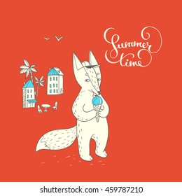 Summer time. vector hand drawn illustration with cute character. Fox on summer vacation