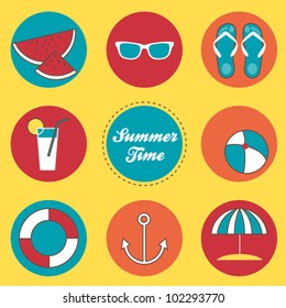 Summer time vector icons set with sunglasses, watermelon, anchor, umbrella, flip flops and cocktail. Colorful flat style illustrations collection