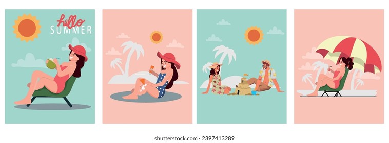 Summer time vector illustration abstract card with people relaxing on the beach. Summer Party. Hello summer cards in vector. Set of cute retro posters.