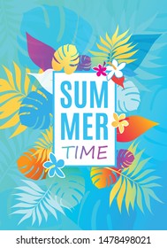 Summer time vector illustration background with colorful leaves and flowers.
