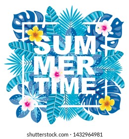 Summer time vector illustration for banners, posters, greeting card, invitations. Frame of tropical leaves.