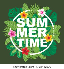 Summer time vector illustration for banners, posters, greeting card, invitations. Frame of tropical leaves.