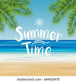 Summer time vector illustration with beach, sea and palms