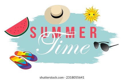 Summer time vector illustration with summer elements sunglasses, slippers, hat, piece of watermelon and sun on blue water background. Travel concept. Flat cartoon vector illustration