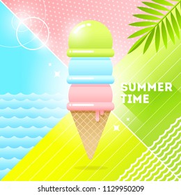 Summer time - vector illustration. Ice cream on a abstract background. 80's retro style illustration.Tropical vacation flat design.
