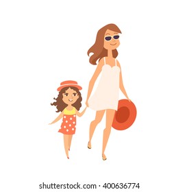 Summer time. Vector illustration of mother and daughter walking to the sea. Cute family enjoy summer vacation at the beach.  Cartoon characters of young woman and little girl.
