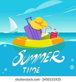 summer time, vector illustration, sea, floatie, luggage, passport, coconut, sailing yacht, EPS10