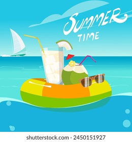 summer time, vector illustration, sea, floatie, drink, cocktail, sunglasses, coconut, sailing yacht,EPS10