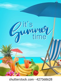 It's summer time vector illustration. Sea, blue sky, beach, cocktails, pineapple, fruits, umbrella. 