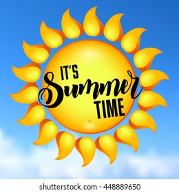 Its Summer Time vector Illustration. Sunshine Lettering design on blue sky background.