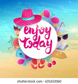 Summer time vector illustration. Travel Advertising poster. Banner design with colorful beach elements. Sea, ice cream, camera,watermelon,cocktail,glasses. Vacation accessories.