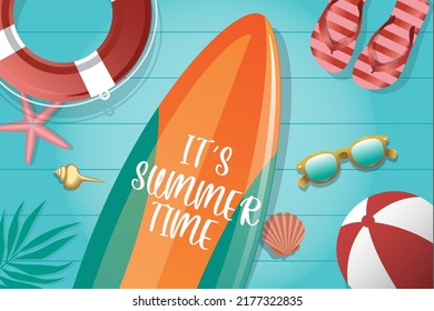 Summer time vector illustration with tropical leaves, sunglasses, surfboard background for banner, flyer, poster or web site design.