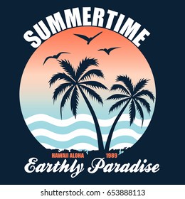 Summer time - vector illustration for t-shirt and other print production. Palms, wave and sun creative logo badge. Summer vacation concept. Design elements.