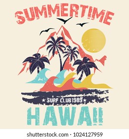 Summer time - vector illustration in vintage graphic style for t-shirt and other print production. Palms, wave and sun creative logo badge. Summer vacation concept. Design elements.