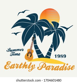 Summer time - vector illustration in vintage graphic style for t-shirt and other print production. Palms, wave and sun creative logo badge. Summer vacation concept. Design elements.