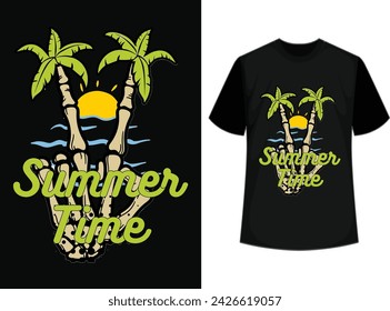 Summer time - vector illustration in vintage graphic style with skeleton hand for t-shirt and other print production. Palms, wave and sun creative logo badge. Summer vacation concept. Design elements.