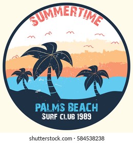 Summer time - vector illustration in vintage graphic style for t-shirt and other print production. Palms, wave and sun creative logo badge. Summer vacation concept. Design elements.