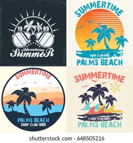 Summer time - vector illustration in vintage graphic style for t-shirt and other print production. Palms, wave and sun creative logo badge. Summer vacation concept. Design elements.