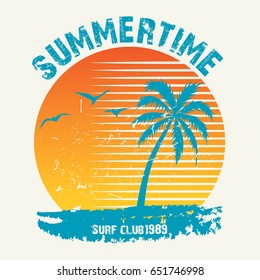 Summer time - vector illustration in vintage graphic style for t-shirt and other print production. Palms, wave and sun creative logo badge. Summer vacation concept. Design elements.