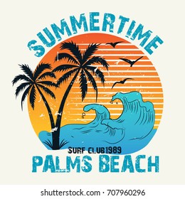 Summer time - vector illustration in vintage graphic style for t-shirt and other print production. Palms, wave and sun creative logo badge. Summer vacation concept. Design elements.