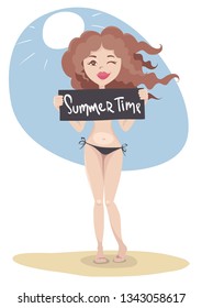 Summer time! Vector illustration, young woman covering her breasts with a black sign