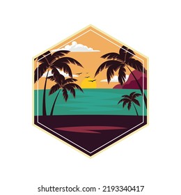 Summer time vector illustrations. Emblem template with waves and palms. Design element for poster, card, banner, sign, emblem or badge. Vector illustration