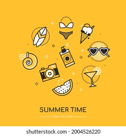 Summer time - vector line design style poster. Yellow background and copy space for text. Summer vibe. Cocktail, ice cream, spray, watermelon, swimsuit, sunglasses, camera, surfboard and seashell.