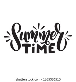 Summer time - vector logo text. Typography poster with hand drawn summer lettering isolated on white background. Vector illustration for postcard, banner. Print on cup, bag, shirt, package, balloon.