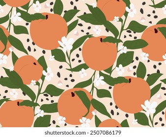 Patrón sin fisuras de melocotones de Vector de verano. Fondo lindo de textura de frutas groovy. Diseño melocotón tropical de moda para diferentes propósitos.
