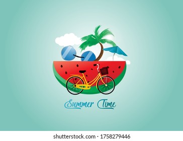 Summer time vector poster design with white circle for and colorful beach elements against white background. Vector drawing.