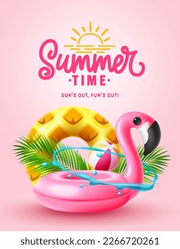 Summer time vector poster design. Summer time text with flamingo and pineapple floaters beach swimming elements. Vector illustration tropical season greeting card background. 