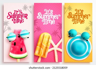 Summer time vector poster set. It's summer time text collection with watermelon popsicle and hat elements for tropical holiday vacation. Vector illustration.
