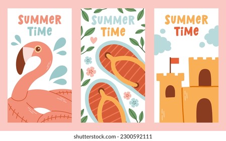 Summer time vector poster set. Hello summer text collection with elements for tropical holiday vacation.