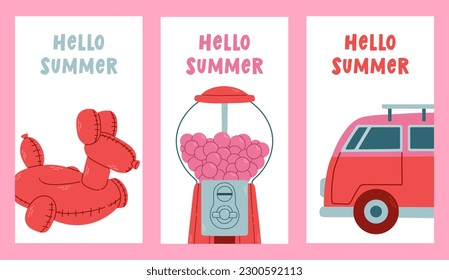 Summer time vector poster set. Hello summer text collection with elements for tropical holiday vacation.