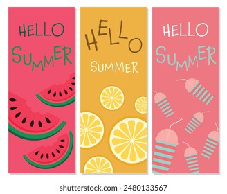 Summer time vector poster set. It's summer time text collection with watermelon popsicle and hat elements for tropical holiday vacation. Vector illustration.
