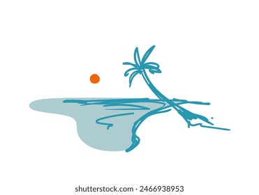 Summer time. Vector romantic background. Hand drawn beach with palms at sunset composition, Simple