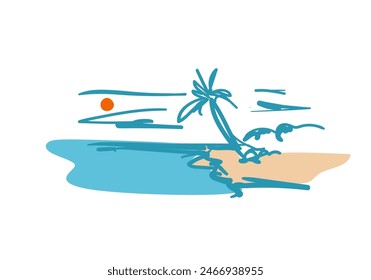 Summer time. Vector romantic background. Hand drawn beach with palms at sunset composition, Simple