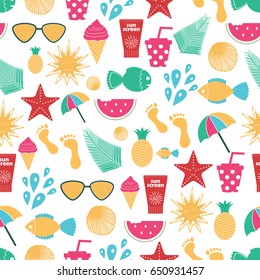 Summer time vector seamless pattern with colorful beach elements isolated on white background.Summer beach. Summer print